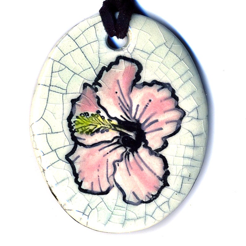 Pink Hibiscus Ceramic Necklace in Crackle