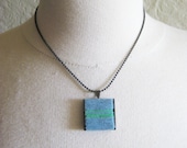 felt square necklace in sea blue and green, one of a kind, simple pendant, ready to ship