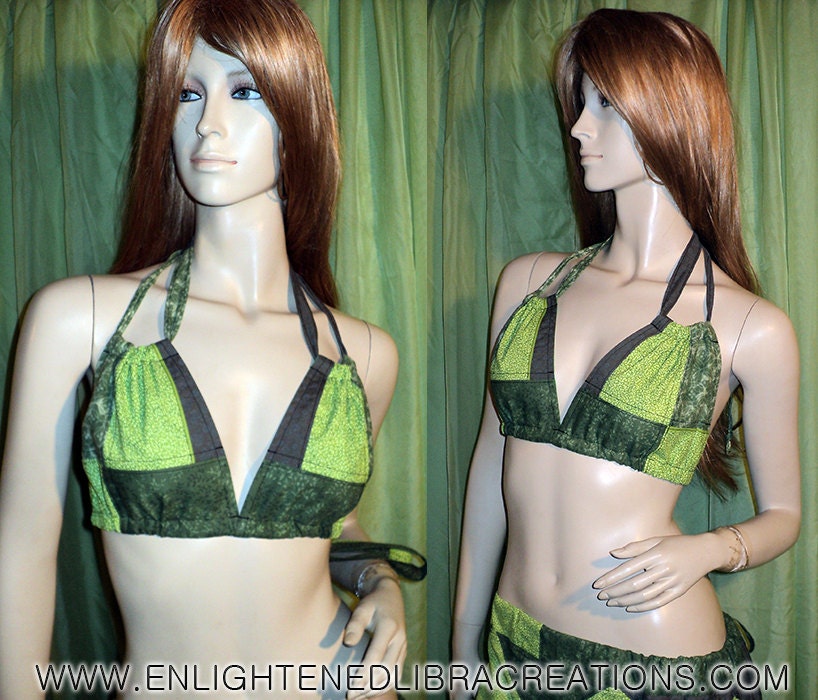 Green Patchwork Bikini Top  - Fully Lined - One of a Kind - S/M/L - Hippie Patchwork Festival Top