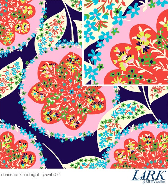 SALE --LAMINATED Amy Butler Fabric Lark Charisma Midnight Floral Flower Navy Blue Pink Orange 1 yard --More Available