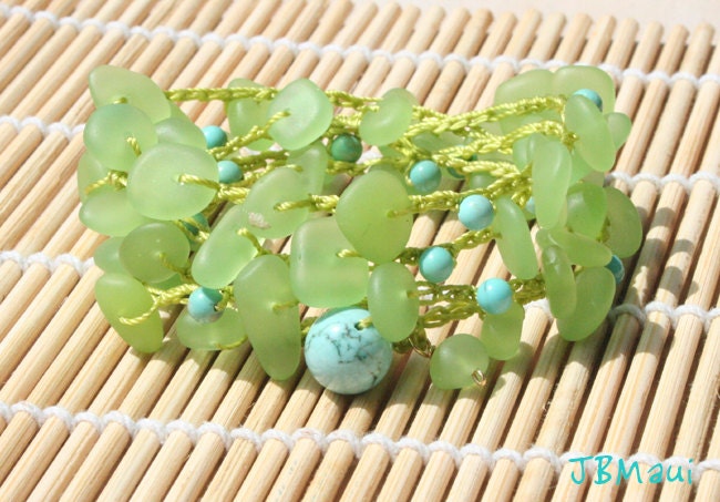 Wrap Bracelet - Crocheted Beachy Boho with Lime Green Sea Glass and Turquoise