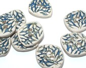Handmade Ceramic Stoneware Buttons - Embossed Flowers Blue Green