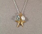 Vermeil Charm Necklace, Nautical Jewelry, Pearl Aquamarine Necklace, Mixed Metal Jewelry, Sterling Silver Chain Necklace