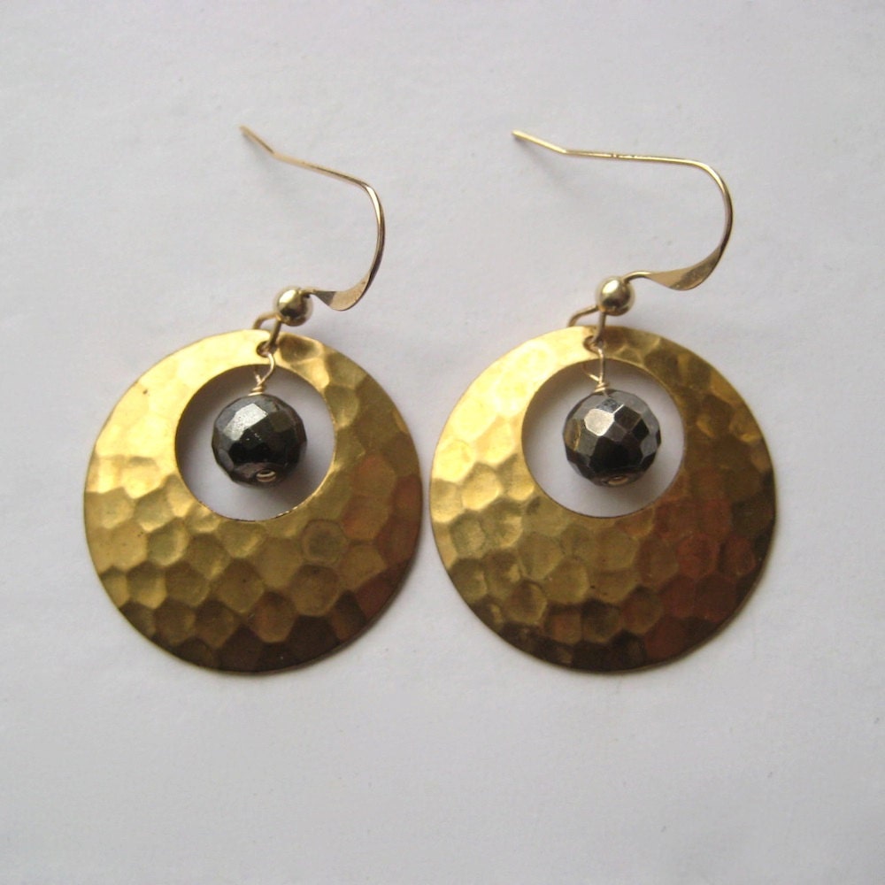 Brass Hoop Earrings, Faceted Pyrite Earrings, Round Brass Earrings, Brass Gemstone Earrings, Metallic