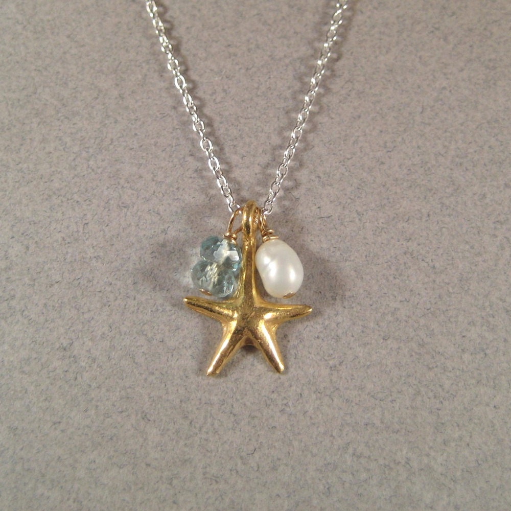 Vermeil Charm Necklace, Nautical Jewelry, Pearl Aquamarine Necklace, Mixed Metal Jewelry, Sterling Silver Chain Necklace