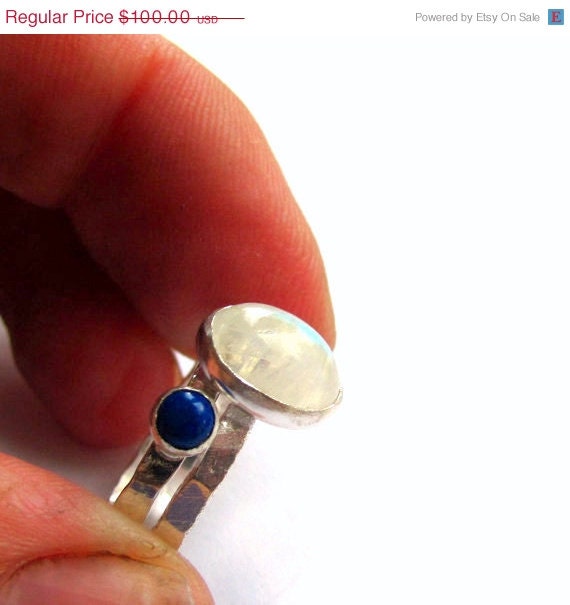 20% off sale Stacking ring pair, Rainbow moonstone ring, blue lapis ring, stack rings, size 8 and a half, ready to ship