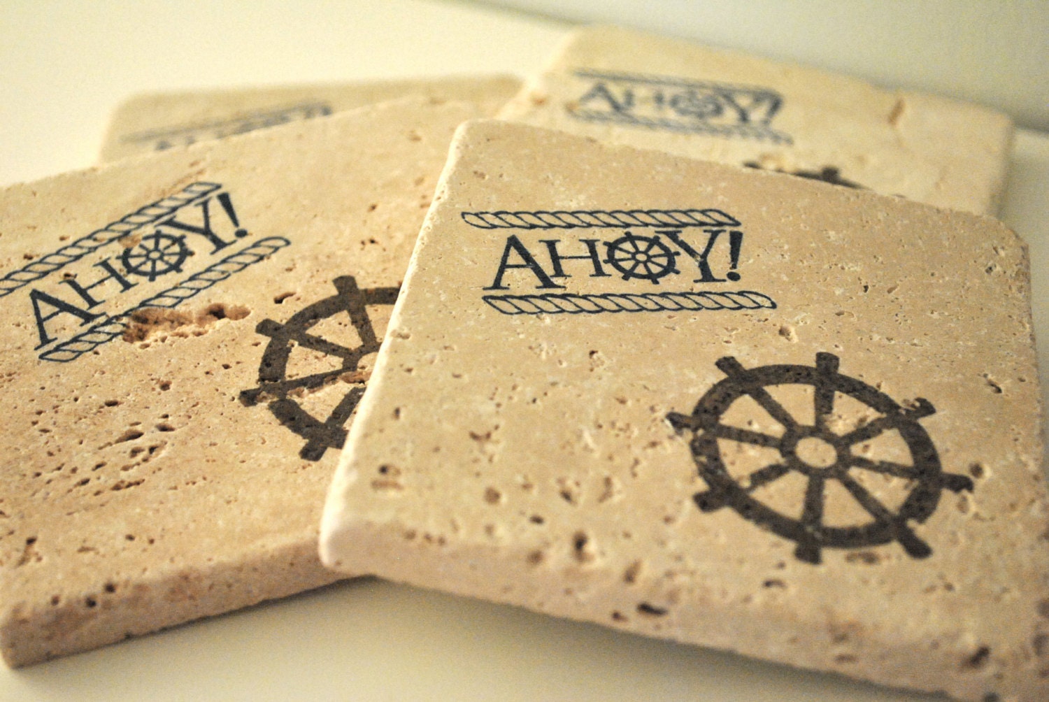 AHOY Natural Stone Coasters. Set of 4. Sailing, Ocean, Summer, Home Decor, Housewarming
