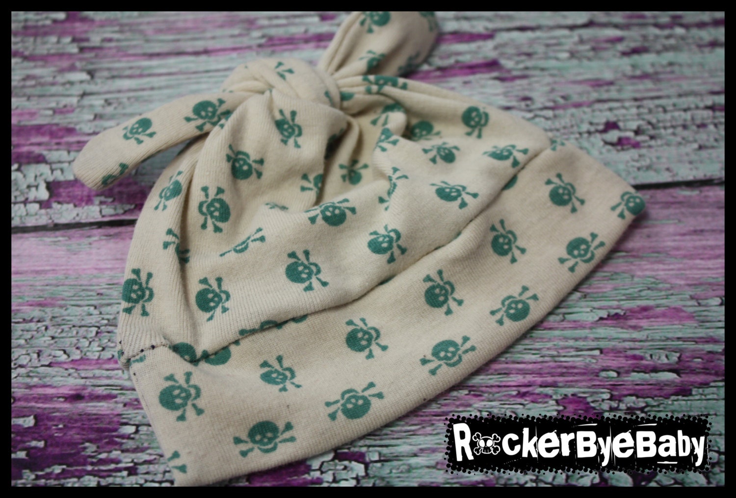 LIMITED EDITION RockerByeBeanies Newborn Baby knit skull cap hat beanie off white with teal skulls for your baby boy or girl