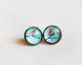 Birds on a branch, delicate stud earrings - red and turquoise jewelry