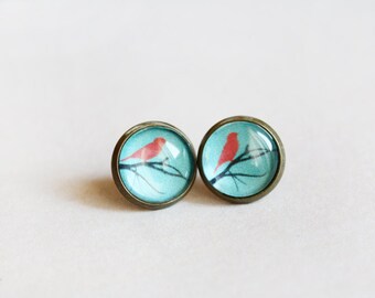 Birds on a branch, delicate stud earrings - red and turquoise jewelry