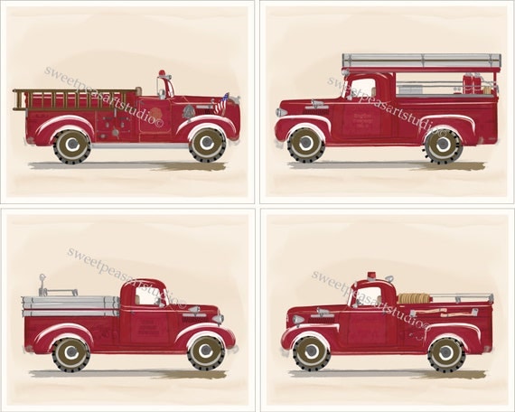 Fire Trucks Firetruck Engines Vintage Retro Art Prints for Boys Kids Bedding Decor