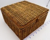 Sewing basket supplies vintage blue liner needles buttons zippers measuring tapes braid cording red apple pincushion