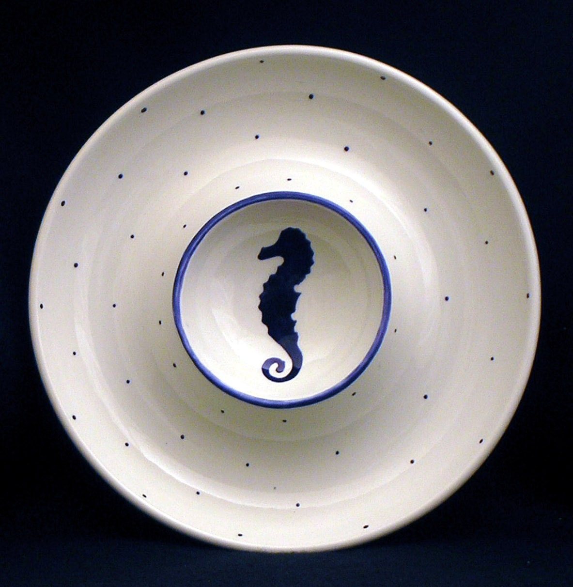 Platter. Blue Sea Horse Chip and Dip Platter. Blue. Seahorse. Dot. Chip. Dip. Weddings. Housewarming. Handmade by Sara Hunter Designs
