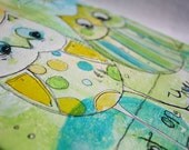 Teal and yellow  sweet mixed media Owl painting by Jodi Ohl
