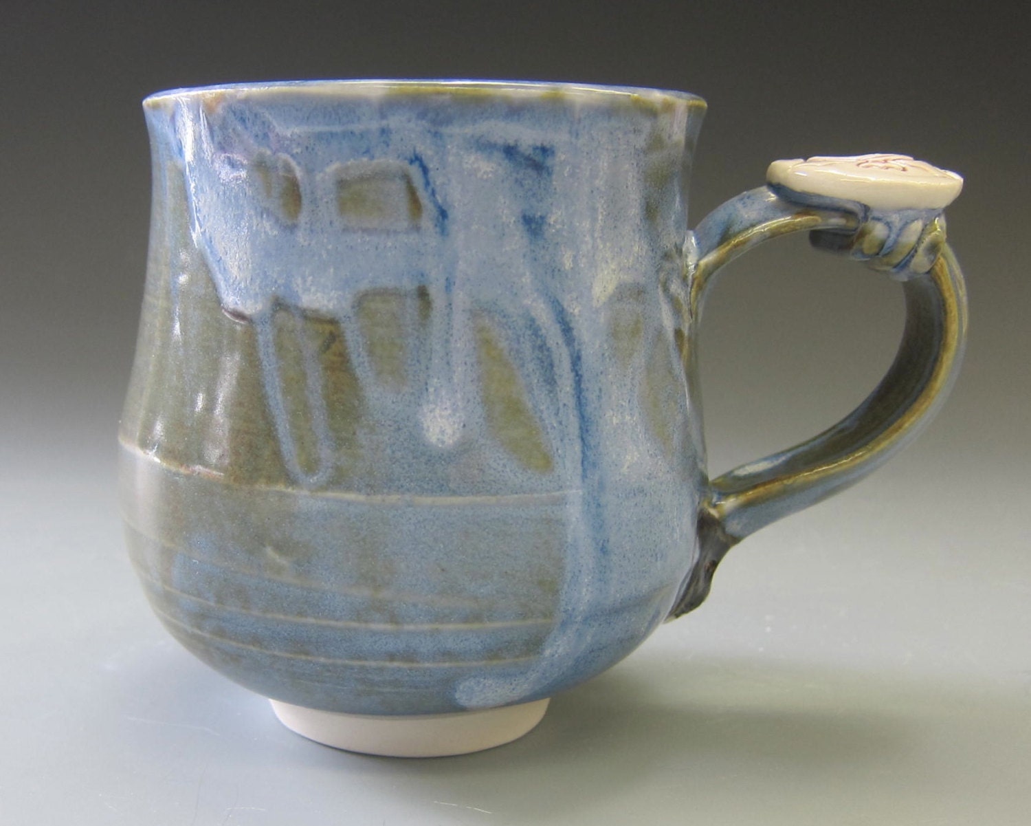 Calico Cat Mug With Fish--Handmade Porcelain --Dusty Blue and White Pottery