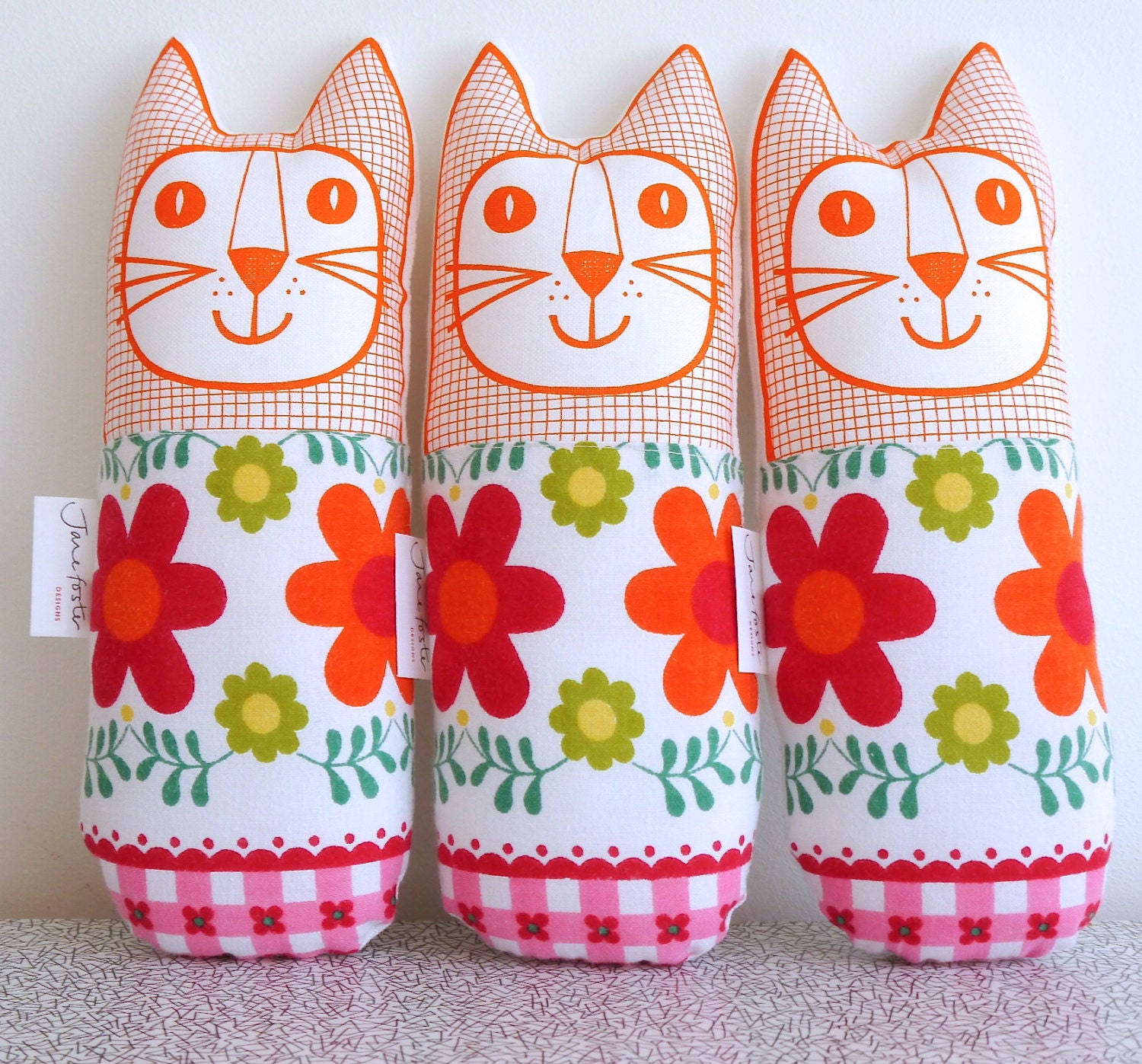 Original Scandinavian style 70s fabric handmade cat toy plush softie by Jane Foster