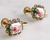 Vintage Earrings Guilloche Enamel Floral Shabby Chic Rhinestones Screwback Mid Century Jewelry