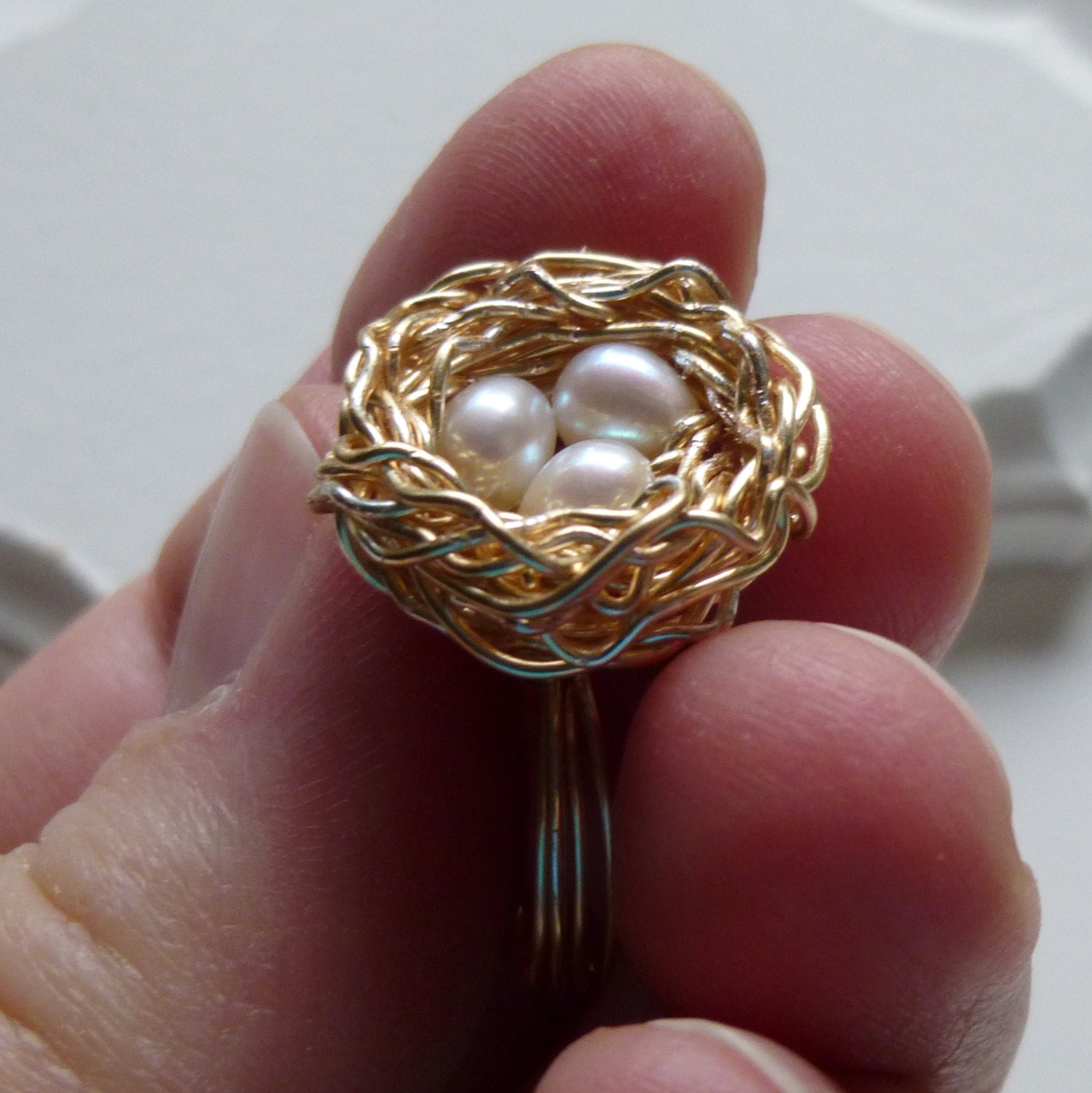 Golden Nest Ring, White Pearl Eggs, Bird Nest Ring, Mothers Day,