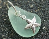 Aqua Sea Glass Pendant, Starfish, Beach glass jewelry, natural
