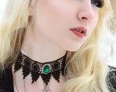 Victorian goth black lace choker necklace with chains, cross and ornate Emerald green pendant - LUCRETIA in Emerald green