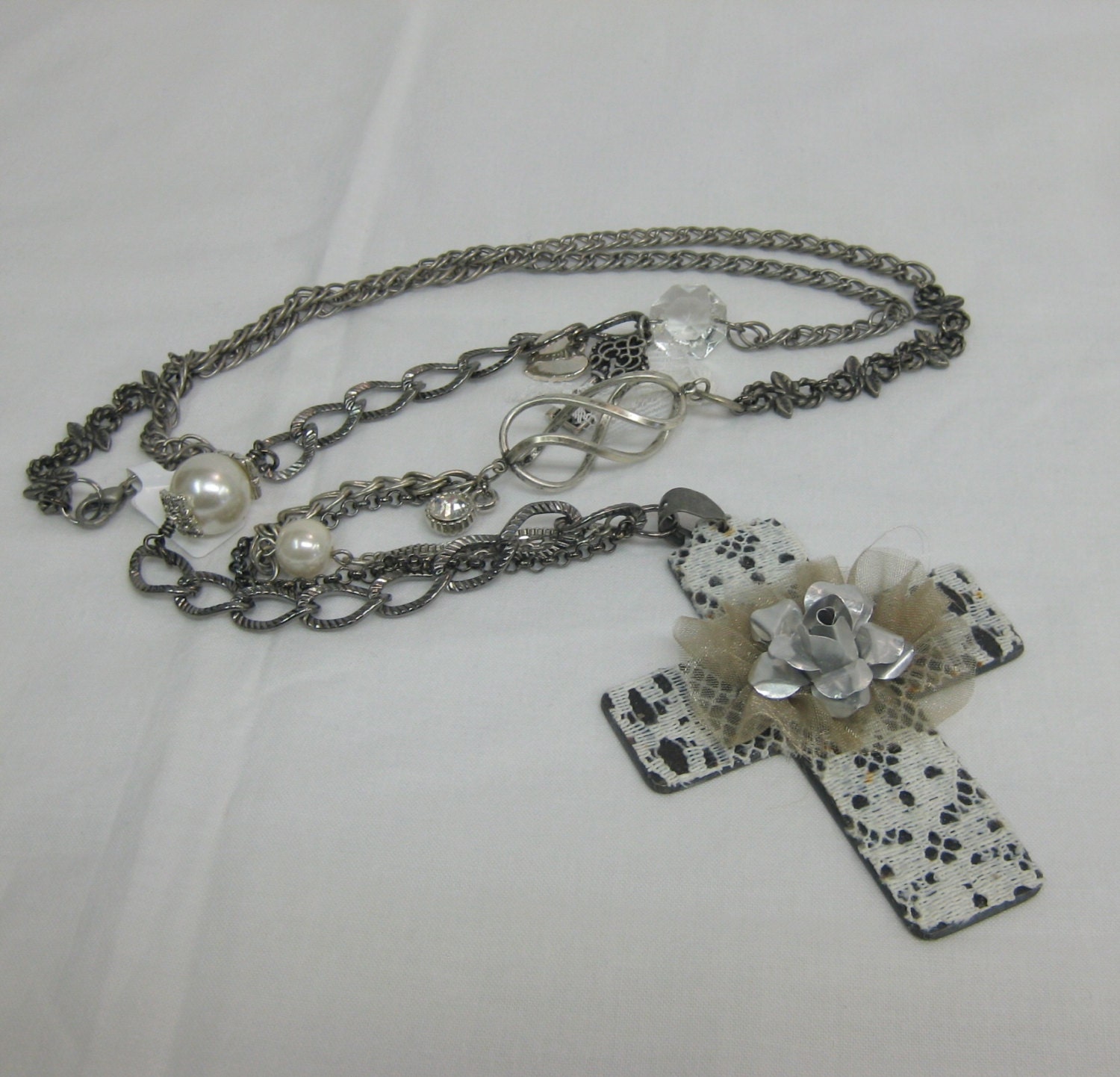 Steel & Lace Cross with Rose Shabby Chic Necklace