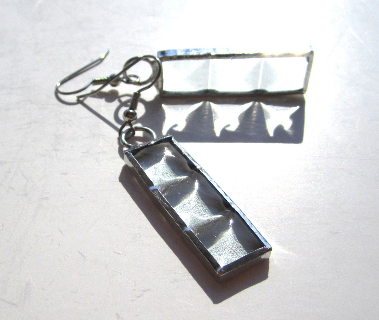 Cubic Geometry - Stained Glass Earrings - Clear Long Rectangle Womens Accessories Wire Lightweight Jewelry Dangle Surgical Steel Hooks