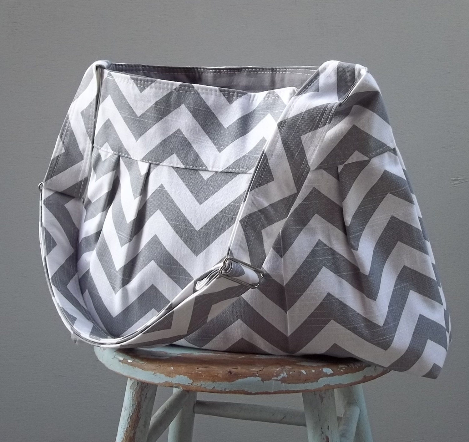 Grey Chevron  Diaper Bag Large- in Gray Chevron with Six Pockets Adjustable Messenger Strap