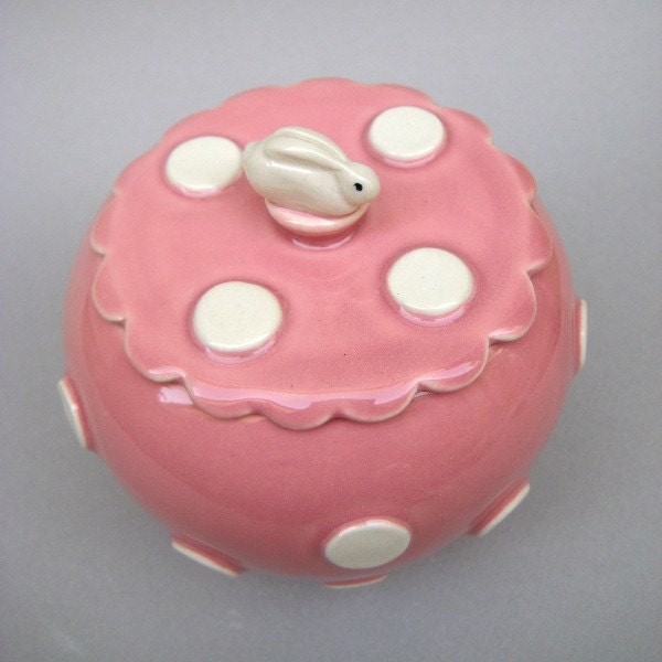 Carnation Polka Dot Bunny Jar - Pink Jar - Handmade stoneware pottery