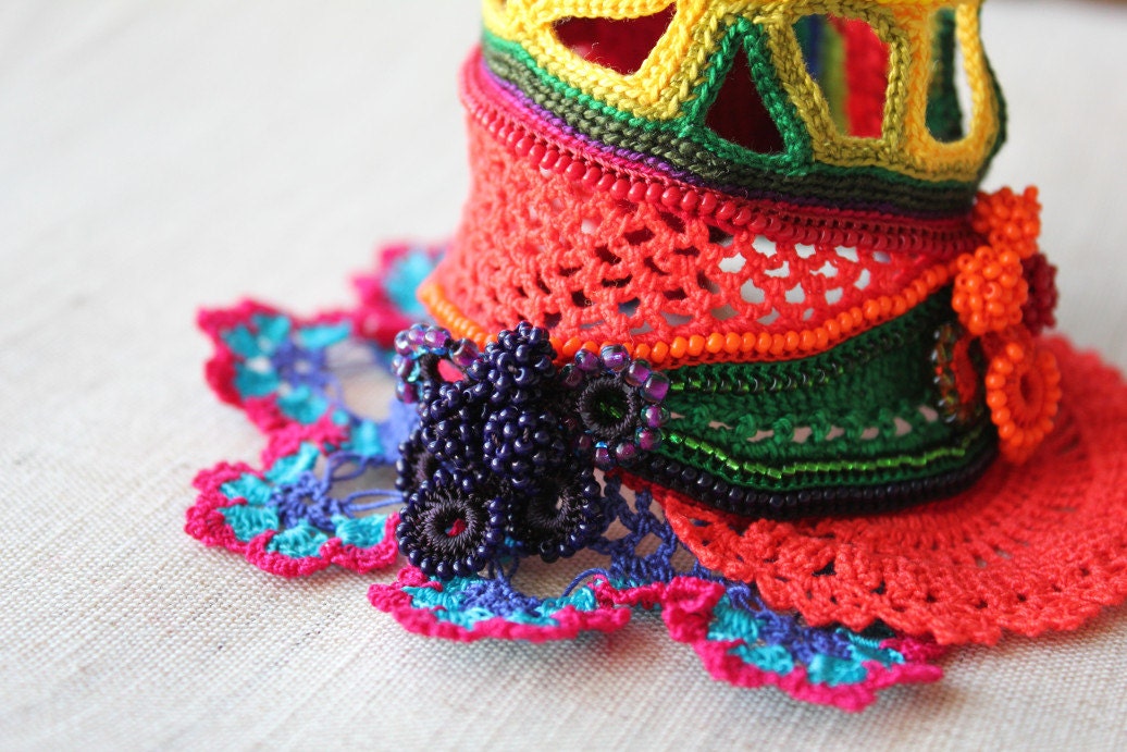 Heliamphora Folliculata ... Freeform Crochet Cuff - Flowers -  Magenta Yellow Red Blue Green - Beaded Beadwork
