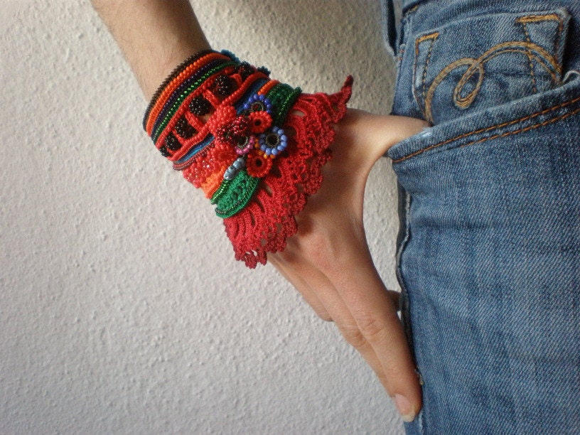 Heliamphora Collina ... Freeform Crochet Cuff - Flowers -  Red Blue Green Orange Black - Beaded Beadwork Statement Cuff