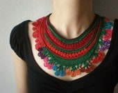 Sarracenia Rubra ... Freeform Crochet Beaded Necklace -  Magenta Pink Red Green - Colorful Flowers - Beadwork Bib Statement Necklace