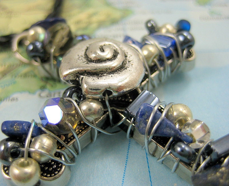 Treasured Shells Wire-Wrapped Beaded Cross Necklace in Blues and Grays