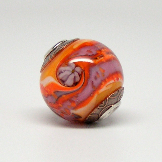 summer burst - copper capped and silver cored big hole glass bead