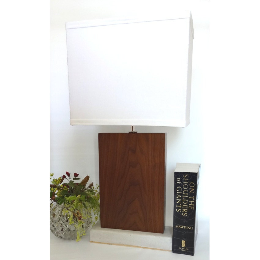 Handcrafted table lamp, Modern Walnut with custom lampshade