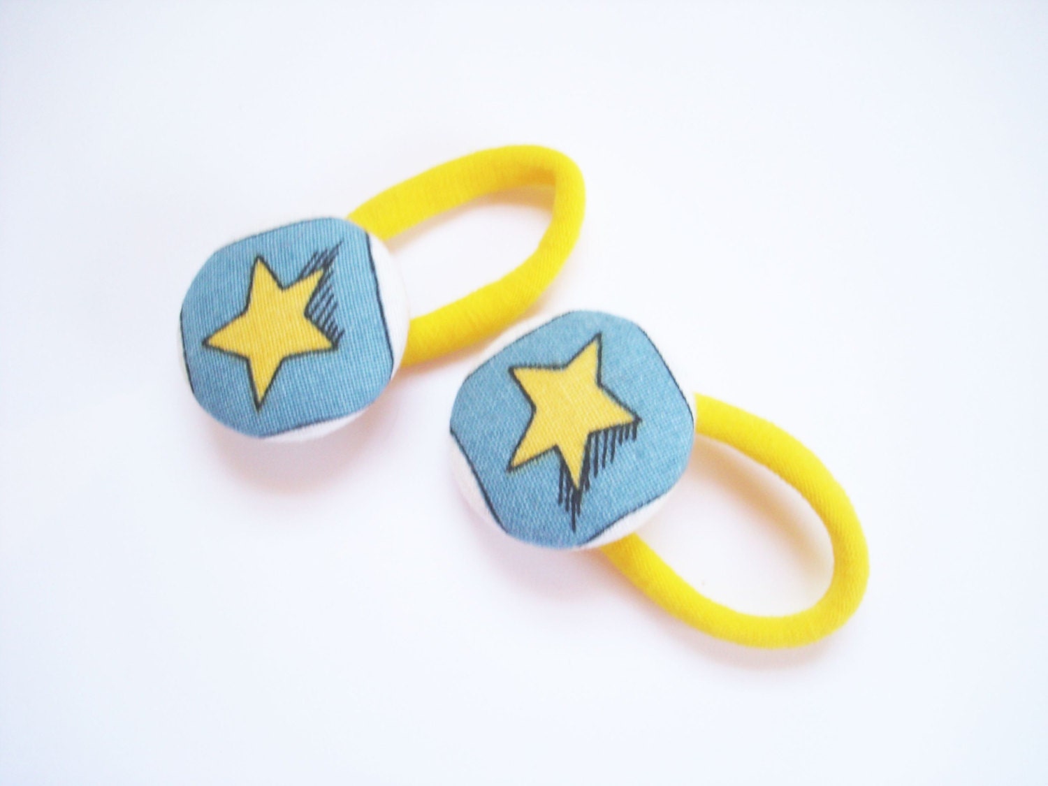 2 - Yellow Star Covered Buttons Ponytails/Pigtails - Spring/Summer, Pool, Beach, Dance, Anytime