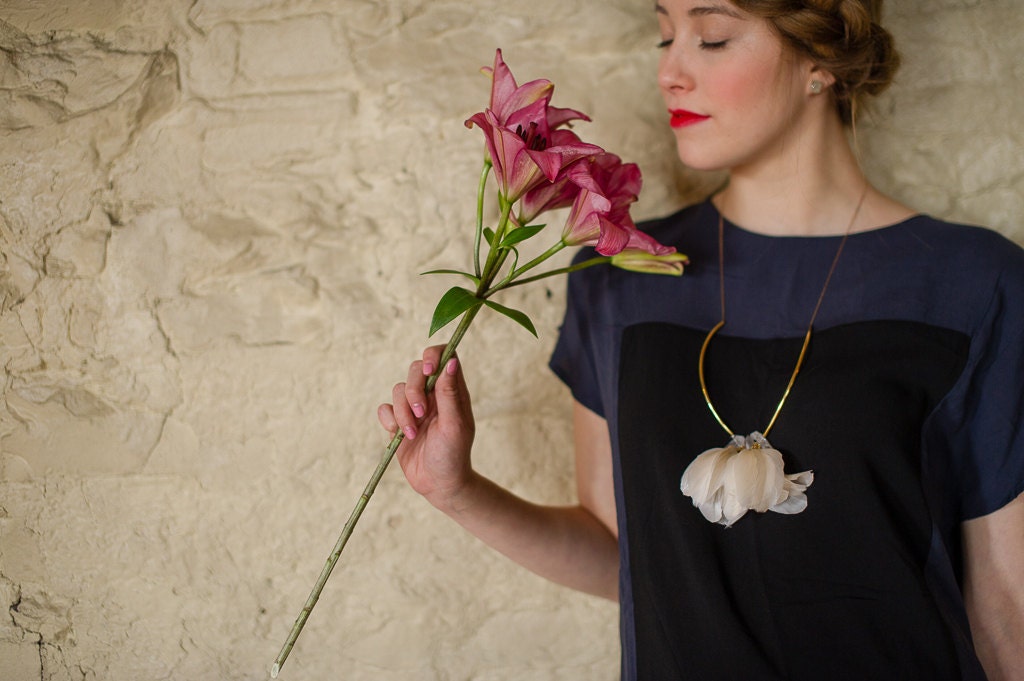 Raw Crystal Quartz and Ivory Statement Bridal Necklace - Spring Fashion - Ivory and Gold Necklace