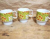 Lot of 3 Retro Groovy Stacking mugs with pedistals  orange green yellow flowers