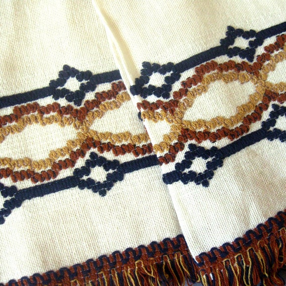 2 Vintage Curtain Panels - Brown Black Off White Set - 33 x 33 inch each