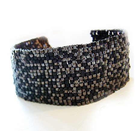 Simple Elegance - Black and Gunmetal Delicas Cuff Glass Bracelet