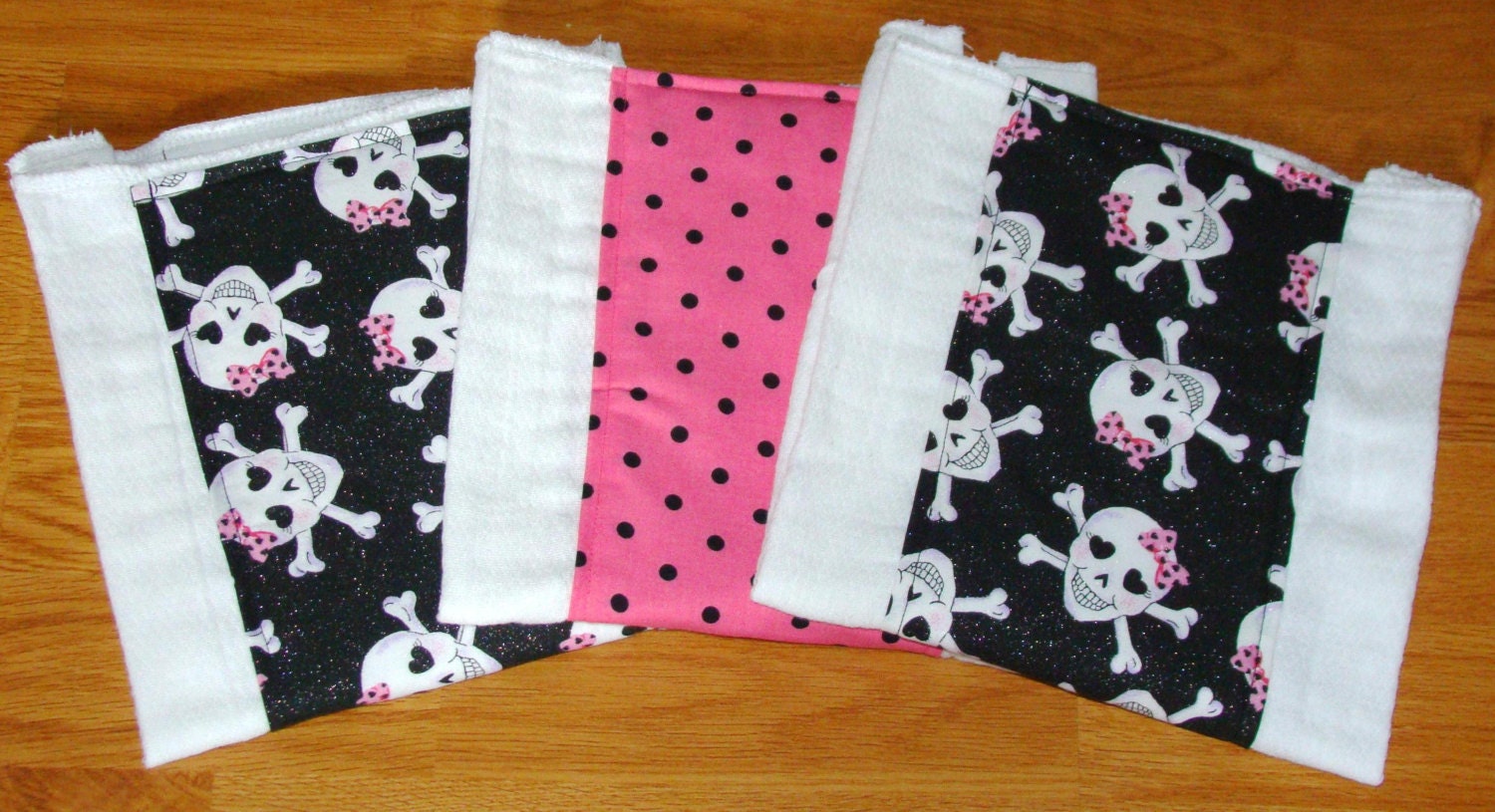 Sparkley Skulls Crossbones & Polka Dots Burp Cloth/Diaper Set  of 3