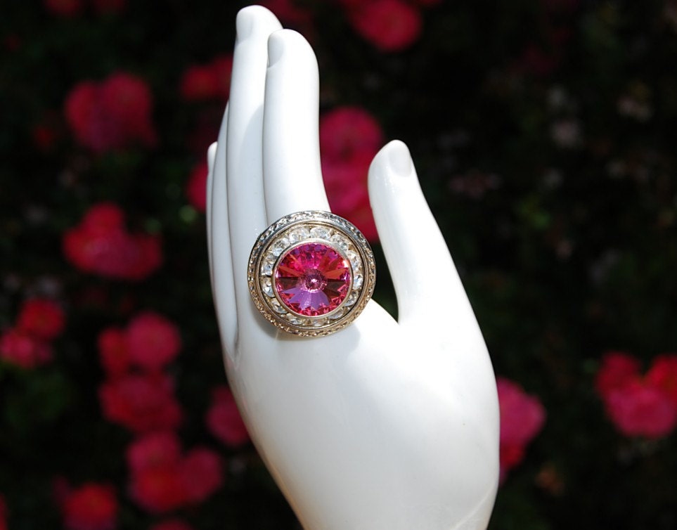 PINK Swarovski crystal layered adjustable bling ring