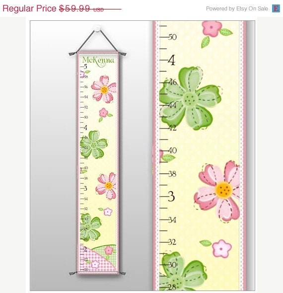 Summer Sale pink yellow green quilted FLOWERS Personalized name on Canvas Growth Chart
