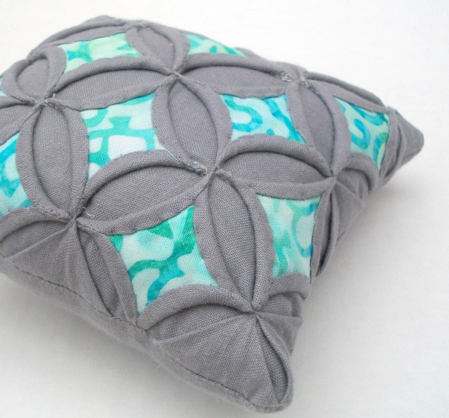 Gray Turquoise Aqua Batik Quilted Pincushion Cathedral Window Pillow - 5 Inches Square