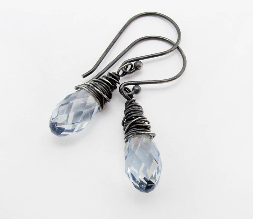 denim blue earrings briolette earrings Swarovski crystal briolette earrings sterling silver earrings wire wrappped briolette earrings - SharonClancyDesigns