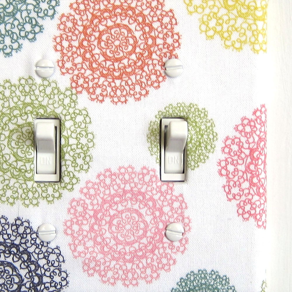 Double Standard Light Switch Plate Cover - white with multicolored lace doilies print