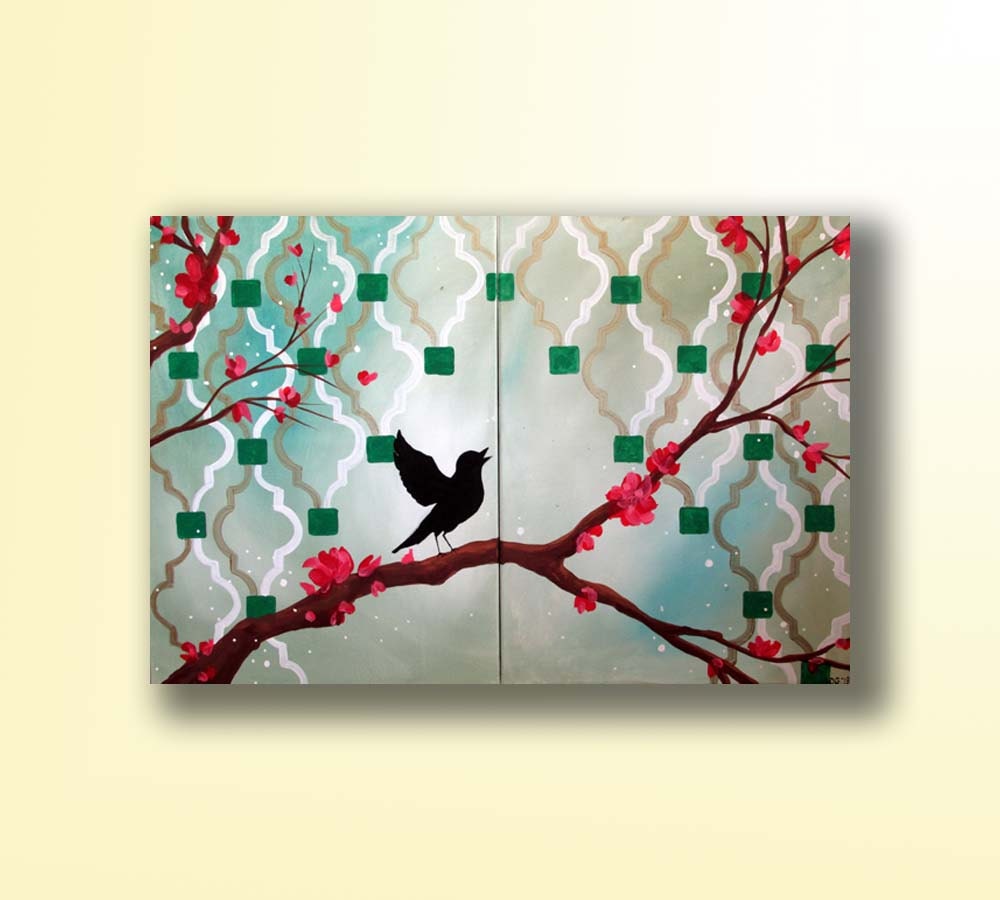 Large Original Painting...Singing in the Spring...Abstract Contemporary Modern Bird Art Diptych Painting by HD Greer