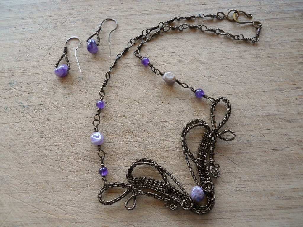 Cape Amethyst Wire Wrapped Necklace Handmade in Vintage Bronze Parawire with Earrings