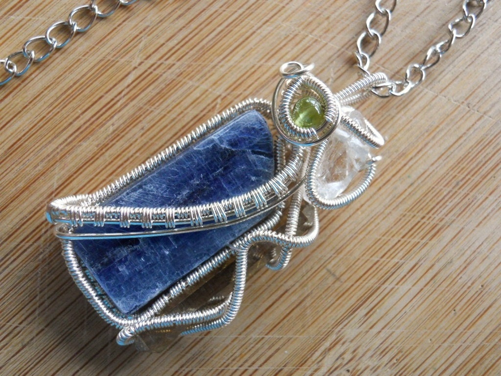 Gemstone Alliance Pendant Blue Kyanite Kunzite Champagne Aura Quartz Peridot Wire Wrapped in Silver Parawire