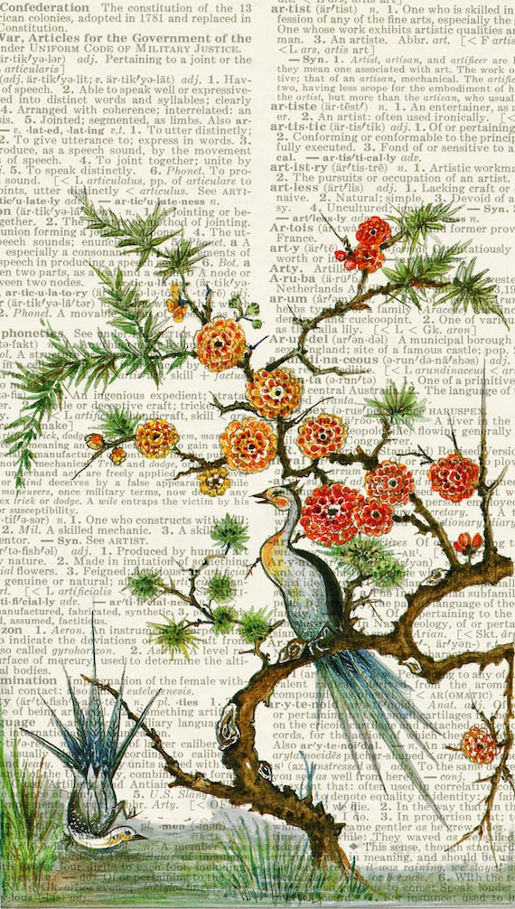 16oo's pheasant - reproduction painting - printed on page from old dictionary