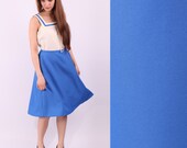 70s Nautical Dress / Cream Turquoise French Day Dress / sz M to L